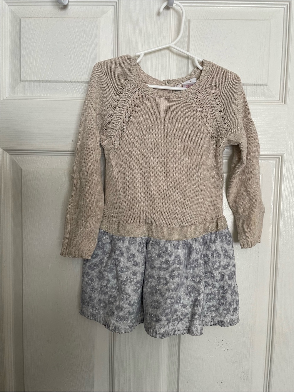 Lilly Wicket Girls' 3T Tan Knit Sweater Dress with Leopard Printed Skirt
